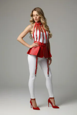 Red Skirt Faux Leather Skirt High Waist Skirt Flared Mini Skirt - APFT998