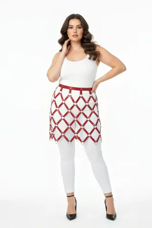 Plus Size Burgundy Leather Harness Skirt with Ring Detail and Mesh Pattern - APFT696