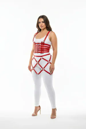 Plus Size Red Skirt Bustier Look Cage Design Leather Harness - APFT785