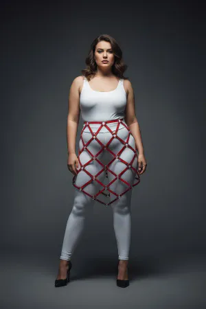 Plus Size Red Leather Skirt Harness Body Accessory with Lattice Knit Design - APFT982