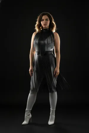 Large Size Black Tassel Detailed Leather Skirt Long Combination Piece - APFT997