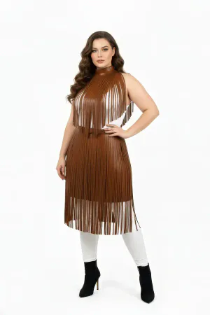 Large Size Tan Tasseled Leather Skirt Combination Complementary Accessory - APFT997