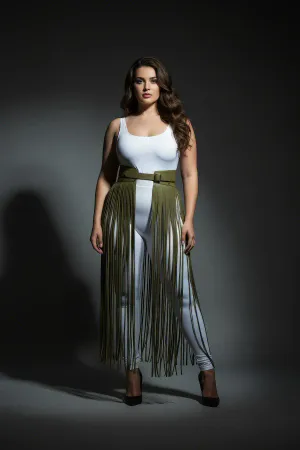 Plus Size Khaki Leather High Waist Skirt with Tassel Detail - APFT1003