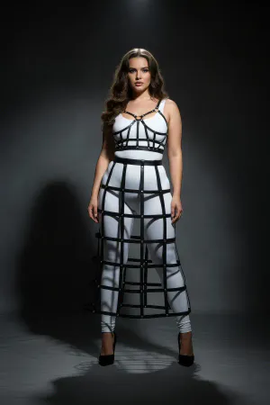 Plus Size Black Leather Skirt with Cage Detail Long Accessory - APFT1013