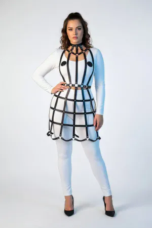 Large Size Black Leather Lattice Design Studded Detailed Skirt Harness - APFT1243