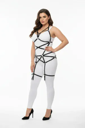 Plus Size Black Women's Rubber Harness Set Ring Detailed Body Accessory - APFT348