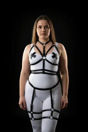 Plus Size Black Women's Garter Harness Set with Adjustable Leather Accessory - APFT455