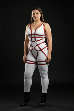 Plus Size Claret Red Women's Harness Suit Fancy Leather with Chain and Ring Detail - APFT502