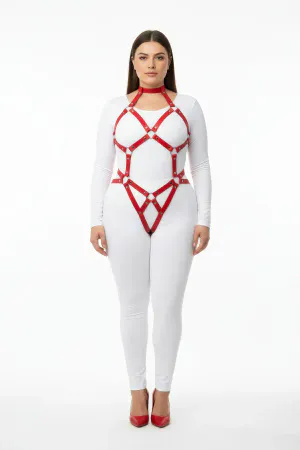 Plus Size Red Women's Harness Set with Sexy Ring Detail Leather Accessory - APFT514