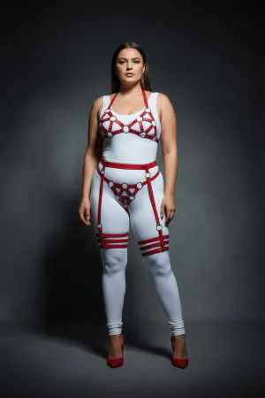 Plus Size Red Women's Leather Harness Set Ring Detailed Garter Fancy Accessory - APFT530