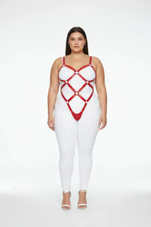 Plus Size Red Women's Leather Full Body Harness Suit Ring Detailed Body Accessory - APFT542