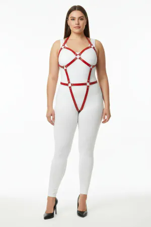 Plus Size Red Women's Harness Suit Full Body Leather Fantasy Accessory - APFT759