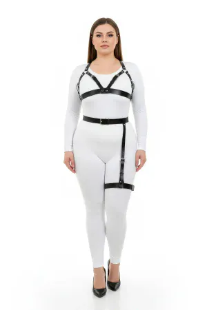 Plus Size Black Women's Harness Set with Garter Belt Stylish Leather Accessory - APFT863