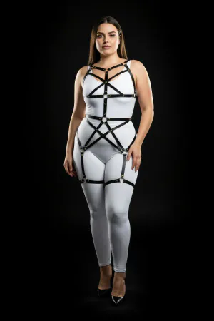 Plus Size Black Women's Full Body Leather Harness Suit Metal Detailed Body Accessory - APFT894