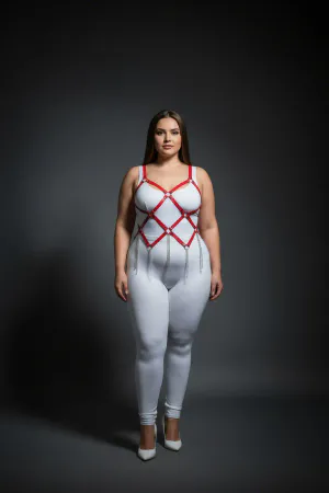 Plus Size Red Women's Leather Harness Suit Chain Detailed Fancy Accessory - APFT950