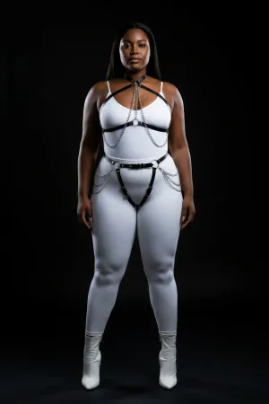 Plus Size Black Women's Harness Suit Chain Detailed Leather Body Accessory - APFT1084