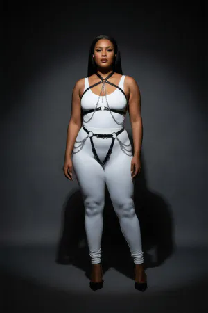 Plus Size Black Women's Harness Suit Chain Detailed Leather Body Accessory - APFT1084