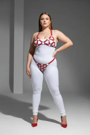 Plus Size Red Women's Leather Harness Set with Sexy Ring Detail - APFT422