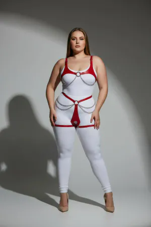 Plus Size Red Women's Leather Harness Suit Chain Detailed Body Accessory - APFT1384