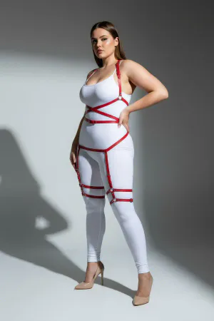 Plus Size Red Women's Garter Harness Leather Fantasy Bodysuit - APFT274