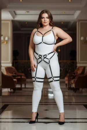 Plus Size Black Women's Garter Harness Full Body Leather Set - APFT289