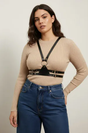 Plus Size Black Women's Corset Belt with Shoulder Strap Leather Combination Complement - APFT20