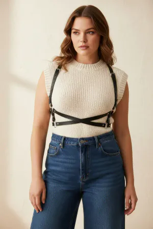 Plus Size Black Women's Belt Leather Harness Body Accessory with Cross Detail - APFT204