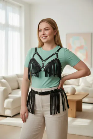 Large Size Black Women's Belt Tassel Detailed Leather Combination Accessory - APFT440