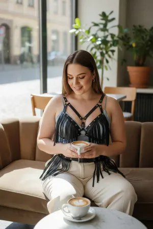 Large Size Black Women's Belt Tassel Detailed Leather Combination Accessory - APFT440