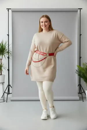 Plus Size Red Women's Belt Chain Detailed Leather Waist Accessory - APFT586