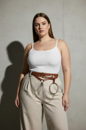 Plus Size Brown Women's Belt Chain Detailed Ring Dress Combination - APFT621