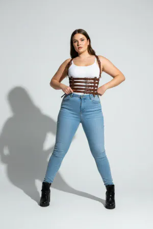 Large Size Tan Women's Belt, Corsage Style Multiple Straps Leather Combination Complementary - APFT630