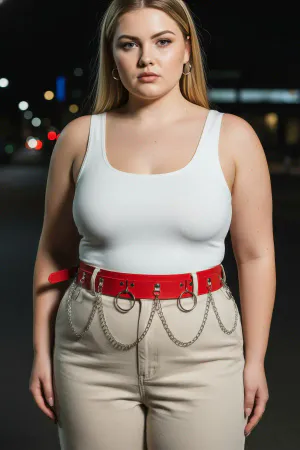 Large Size Red Women's Belt Thick Waist Accessory with Chain Detail - APFT639