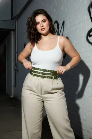 Plus Size Khaki Women's Thick Belt Double Row Bird Eye Detailed - APFT641