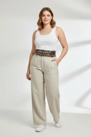 Large Size Dark Brown Women's Wide Belt with Three Rows of Metal Rings - APFT641