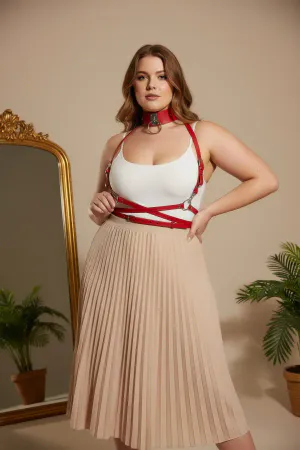 Plus Size Red Women's Belt Leather Harness with Metal Ring Detail - APFT644