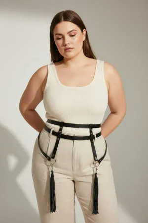 Plus Size Black Women's Belt Garter Style Tassel Detailed Body Accessory - APFT645