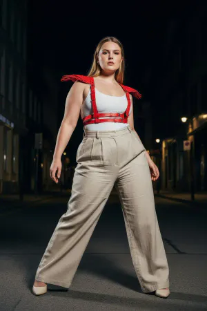 Plus Size Red Women's Leather Belt with Shoulder Detail Harness Body Accessory - APFT717