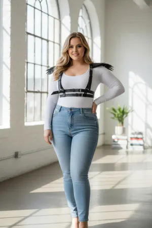 Plus Size Black Women's Belt Leather Body Accessory with Shoulder Detail - APFT717