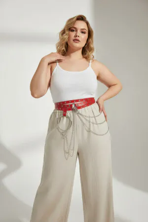 Plus Size Red Women's Belt with Chain and Ring Detail, Leather Look - APFT731