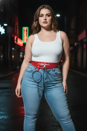 Plus Size Red Women's Belt with Chain and Ring Detail, Leather Look - APFT731