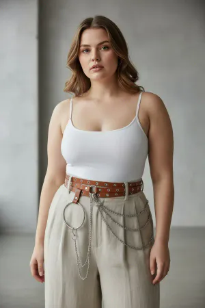 Plus Size Tan Women's Belt with Chain Detail and Link Trendy Design - APFT731