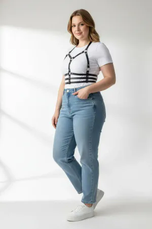 Plus Size Black Women's Belt Leather Harness with Metal Detail - APFT760