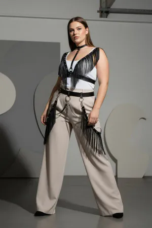 Plus Size Black Women's Belt Tasseled Leather Harness Body Accessory - APFT768