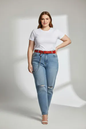 Plus Size Claret Red Women's Leather Belt with Ring and Chain Detail - APFT779