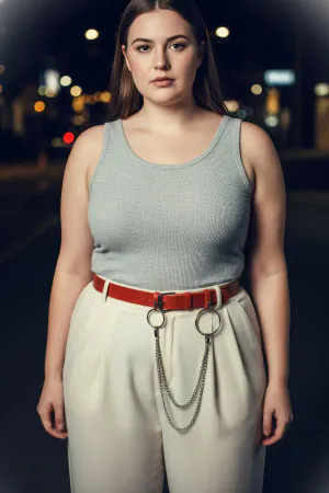 Plus Size Claret Red Women's Leather Belt with Ring and Chain Detail - APFT779