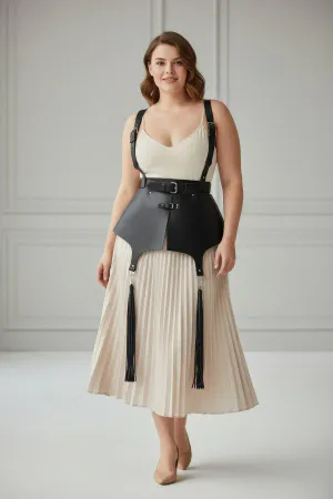Plus Size Black Women's Leather Corset Belt with Shoulder Strap and Tassel Detail - APFT787