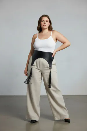 Plus Size Black Women's Belt Wide Corset Model with Tassel Detail - APFT788