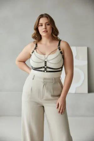 Plus Size Black Women's Belt Leather Chain Detailed Body Harness - APFT808