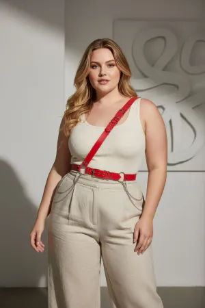 Plus Size Red Women's Leather Harness Belt Chain Detailed Body Accessory - APFT813